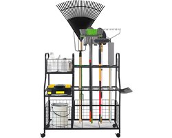 Mobiel Tuingereedschap Rek op Wielen - Garage Organizer met Manden en Haken - Gereedschapshouder voor Lange Stelen (Harken & Schoppen) - Metaal - Zwart