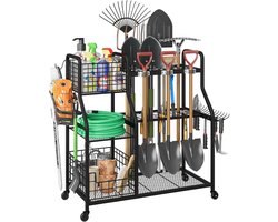 Mobiel Tuingereedschap Rek op Wielen - XL Garage Organizer met Mand en Haken - Gereedschapshouder voor Lange Stelen - Metaal - Zwart - 91 x 42 x 94 cm