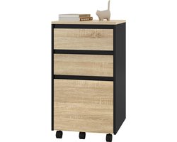 Mobiele archiefkast, kast voor ordners, opbergkast voor kantoor, kantoorkast met wielen, rolcontainer met 3 laden, licht eiken/zwart, 40 x 70 x 40 cm