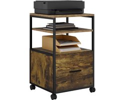 Mobiele archiefkast met 1 lade - 2 open vakken - kantoorkast met wielen - printerstandaard met opbergruimte - voor A4/lettermap - vintage houtlook - 40 x 66 x 40 cm