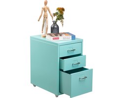 Mobiele archiefkast met 3 laden, dossiermap onder bureau, metalen opbergkast met wielen voor thuiskantoor, hemelsblauw