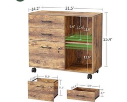 Mobiele Archiefkast met 3 Lades en Open Opbergvakken – Printerstandaard en Zijkast met Slot, Rustiek Bruin Stalen Frame voor Thuiskantoor en Kantoor