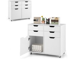 Mobiele Archiefkast op Wielen met 4 Lades en 2 Kastruimtes - Houtlook Opbergmeubel voor Kantoor of Woonkamer