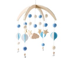 Mobiele Baby Hout met Vilten Ballen en Sterren - Bedbel Hanger en Windspel voor Babybed - Kinderkamer Decoratie en Cadeau voor Baby's