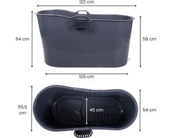 Mobiele Badkuip XL voor Volwassenen – Altameubel ComfortTherma 121 cm – Opvouwbaar Zitbad met 210L Inhoud – Inclusief 3m Afvoerslang, Waterkraan & Opbergmand – Draagbaar Bad voor Douche, Buiten & IJsbad-Therapie – Donkergrijs