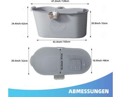 Mobiele Badkuip XL voor Volwassenen – Draagbare Vrijstaande Kunststof Badkuip 120×53×62 cm – Ruimtebesparend Opvouwbaar Wellness Bad – Inclusief Afvoersysteem – Modern & Minimalistisch – Industrial Home – Grijs