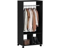 Mobiele Garderobekast met Ophangstang en Opbergvakken - Verrijdbare Kledingrek