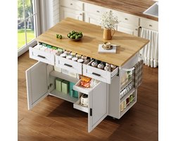 Mobiele Keukeninsel Met Klapbaar Werkblad En Stopcontacten Voor Keuken En Eetplek MDF Naturel Wit 120x70x84 Cm
