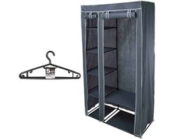 Mobiele kledingkast/garderobekast - incl 10x hangers - opvouwbaar - grijs - 174 cm