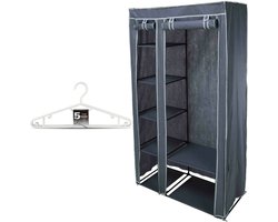 Mobiele kledingkast/garderobekast - incl 10x hangers - opvouwbaar - grijs - 174 cm