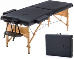 Mobiele massagetafel, 2 zones, draagbaar, massagebed, in hoogte verstelbaar, houten poten incl. hoofdsteun en armleuningen, 213 × 82 x 85 cm, tot 250 kg belastbaar (zwart)