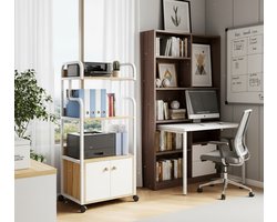 Mobiele Printerkast met Wielen – Multifunctionele Rolbare Kantoorkast met Open Planken en Deuren – Stevige Printertafel van Metaal & MDF – Opbergkast voor Documenten, Papier & Kantoorbenodigdheden – Geel – Industrialhome