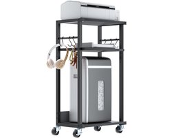 Mobiele printertafel - printerwagen - 3 planken - in hoogte verstelbare printerstandaard met wieltjes - 6 haken - voor kantoor - fax - kopieerapparaat - scanner - hakmolen - 44 x 30 x 82 cm - zwart