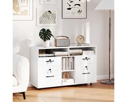 Mobiele Rolcontainer met 4 Laden en Open Compartimenten, Afsluitbare Kantoorkast met Verstelbare Rekken, Printerstandaard en Opbergruimte voor Thuis en Kantoor, Wit, 104 x 35 x 65,5 cm