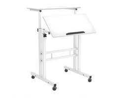 Mobiele Zit-Sta Bureau Verstelbaar - Laptoptafel met Wielen & Kantelblad - Voor Thuiswerk & Kantoor - Metaal/Kunststof - Wit