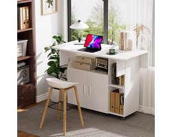 Mobile Folding Dining Table Foldable Side Table Wood Folding Table with Wheels Movable Table with Door Cabinet Open Shelf Wood Dining Table for Kitchen Living Room Bedroom Bedside Table White