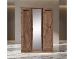 Mobili Bella 3-Deurs Kledingkast met Spiegel – Draaideur Kast in Lefkas Eiken Design – Met Kledingstang & Legplanken – Rustieke Garderobekast 134,5 x 190,5 x 57 cm – Slaapkamer Kast met Spiegeldeur