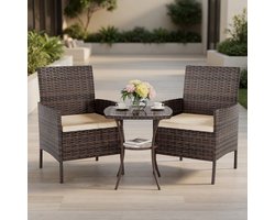 Mobili Bella Luxe Balkon Loungeset 3-delig – Polyrotan Tuinmeubelset met Tafel en 2 Stoelen – Weerbestendig Balkonmeubilair voor 2 Personen – Compacte Lounge Set voor Balkon, Terras & Tuin – Bruin