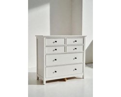 Mobili Bella Luxe Dressoir 7 Laden – 152x40x89 cm – Wit Houten Commode Kast – Moderne Opbergkast voor Woonkamer, Slaapkamer & Keuken – Ladekast met Veel Opbergruimte – Verstelbare Middenvoet & Kantelbeveiliging