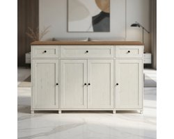 Mobili Bella Luxe Dressoir Keukenkast met Werkblad – Vintage Wit & Honingbruin – Gereedschapsloze Montage – Buffetkast met Laden en Verstelbare Planken – 140 cm Breed Opbergmeubel