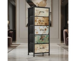 Mobili Bella Smalle Ladekast met 5 Stoffen Lades – Verticale Opbergkast / Commode / Nachtkastje – Ruimtebesparende Kast voor Slaapkamer, Woonkamer en Hal – Groen Modern Design met Metaalframe – 40x29x98 cm