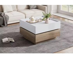 Mobilisal Salontafel Vierkant met Opbergruimte – Wit en Hout – 360° Draaibaar – Moderne Koffietafel met 2 Laden – 60x60x38 cm
