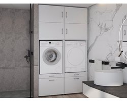 Mobistoxx Set van 2 WASMACHINEKASTEN Washing - Kast voor wasmachine of droogkast met lade voor wasmand - met extra kastruimte boven - wit - universeel