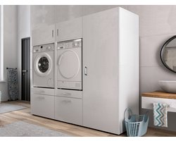 Mobistoxx Set van 3 WASMACHINEKASTEN Washing - Kast voor wasmachine of droogkast met lade voor wasmand - opbergkast - extra kastruimte boven - wit - universeel