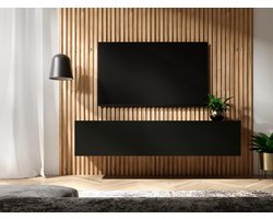 Mobistoxx Tv Meubel - Tv Kast - Mat Zwart - Zwart Tv Meubel - 140 cm - Klapdeur met 3 Vakken - Met Gasveren en Kabeldoorgangen - Tv Kast Hout - Televisiemeubel Kingston