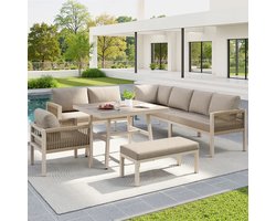 MOBO - 8-persoons handgeweven L-vormige Loungeset - Tuinmeubelen - Tuinset - Tuinmeubels - Tafel met bank en stoel buiten