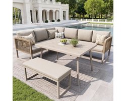 MOBO - Weerbestendige PE-rattan Loungeset - Tuinmeubelen - Tuinmeubels - Tafel met loungebank voor buiten - Beige - 6-8 zit