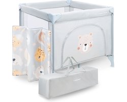 Moby-System Kinderbox met Matras en Draagtas, Grote, Opvouwbare, Vergrendelbare Wielen, Stevig Frame, Antislipkussentjes, 97 x 100 x 77 cm, Teddybeer