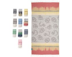 MOCCO Hamamdoek DRAGON 90 x 175 cm Handgeweven - Luxe Strandlaken XXL - Fairtrade Sauna Handdoek - 100% Biologisch Katoen - kleur ROOD/GEEL
