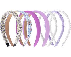 Mode Haarbanden voor Dames, 7 Stuks Antislip Parels en Bloemen Set - Brede en Smalle Gewonden Ontwerpen in Paars - Diverse Patronen voor Vrouwen en Meisjes