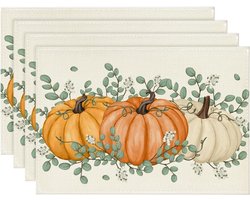 Mode Oranje Pompoenen Eucalyptus Bladeren Herfst Placemats - Set van 4 - 12x18 Inch - Herfst Thanksgiving Vakantie Tafelmatten - voor Feest Keuken Eetkamer Decoratie