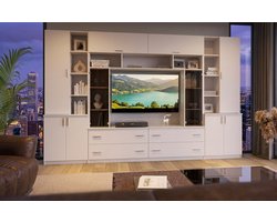 Modena Moderne Kastwand 340x220x45 cm – Luxe RTV Kast Uitbreidbaar met Bovenkasten, Planken & Laden – Woonkamerkasten Wit Design – NoviHomeStore