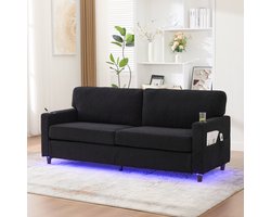 MODENUIT 2-Zitsbank 203 cm - Met Usb-C, Ledverlichting En Bekerhouders - Voor Woonkamer En Kantoor - Chenille Zwart