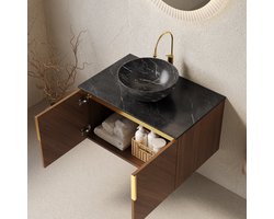 MODENUIT Badkamer Wastafelmeubel - Wandmontage Met Keramische Waskom En Sintersteenblad - 76 Cm - Zwart Bruin Eiken