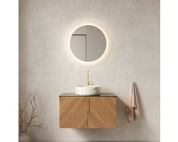 MODENUIT Badkamer Wastafelmeubel - Wandmontage Met Keramische Waskom En Soft-Close - 76 Cm - Zwart, Bruin Eiken
