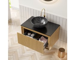 MODENUIT Badkamerkast - Hangend Wastafelmeubel Met Lade En Keramische Waskom - Zwart En Golden Oak - 76x48x41,1 Cm