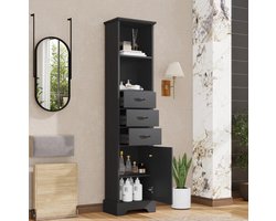 MODENUIT Badkamerkast - Hoge Kast Met 3 Laden En Open Vakken - Voor Badkamer - MDF Zwart - 38x26x172,5 Cm