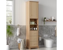 MODENUIT Badkamerkast - Hoge Opbergkast Met 3 Laden En 2 Open Vakken - Voor Badkamer - MDF Naturel - 40x30x172 cm
