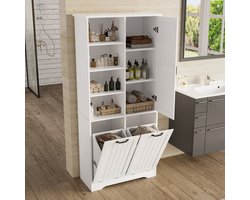 MODENUIT Badkamerkast - Met Dubbele Wasmand En Verstelbare Planken - Voor Badkamer - MDF Wit - 78x35x172,7 cm