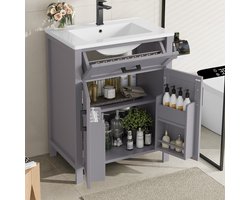 MODENUIT Badkamerkast Met Keramische Wastafel - 2 Deuren En Lade - Voor Badkamer - Grijs MDF - 60x46x84,8 cm