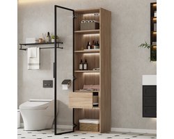MODENUIT Badkamerkast - Met Open Vakken, Lade En Deur Van Gehard Glas - Voor Badkamer En Hal - MDF Naturel - 40 cm