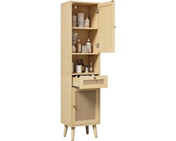 MODENUIT Badkamerkast - Rotan Deuren Met Lade - Vrijstaand Voor Badkamer - MDF - 40x30x166 Cm - Naturel