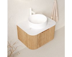 MODENUIT Badkamerkast - Wandmodel Met Keramische Waskom En Steenlook Blad - Natuurlijk Hout En Wit - 61 Cm