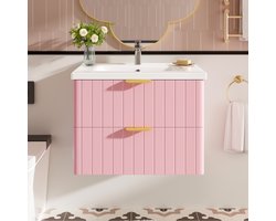 MODENUIT Badkamermeubel - Hangende Wastafelkast Met 2 Lades - MDF En Keramiek - Roze/Wit - 60,5x47,5x47 cm