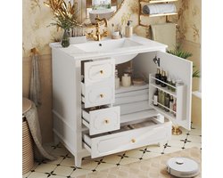 MODENUIT Badkamermeubel - Keramische Wastafel Met 3 Lades En Deur - Staand - MDF Wit - 76,5x47x87,5 cm