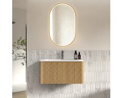 MODENUIT Badkamermeubelset - Wandhangend Met Ledspiegel - Badkamer - Kunststeen - 80 Cm - Eikenkleur